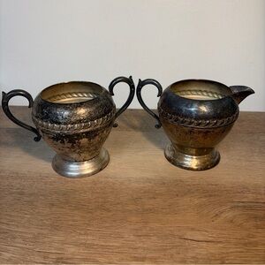 Vintage Silver On Copper Sugar & Creamer Matching Set W/Rope Detail And Handles